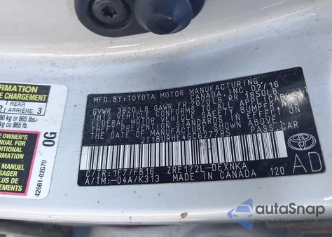 2016 Toyota Corolla Le из США, поврежденный, VIN 2T1BURHE4GC627785